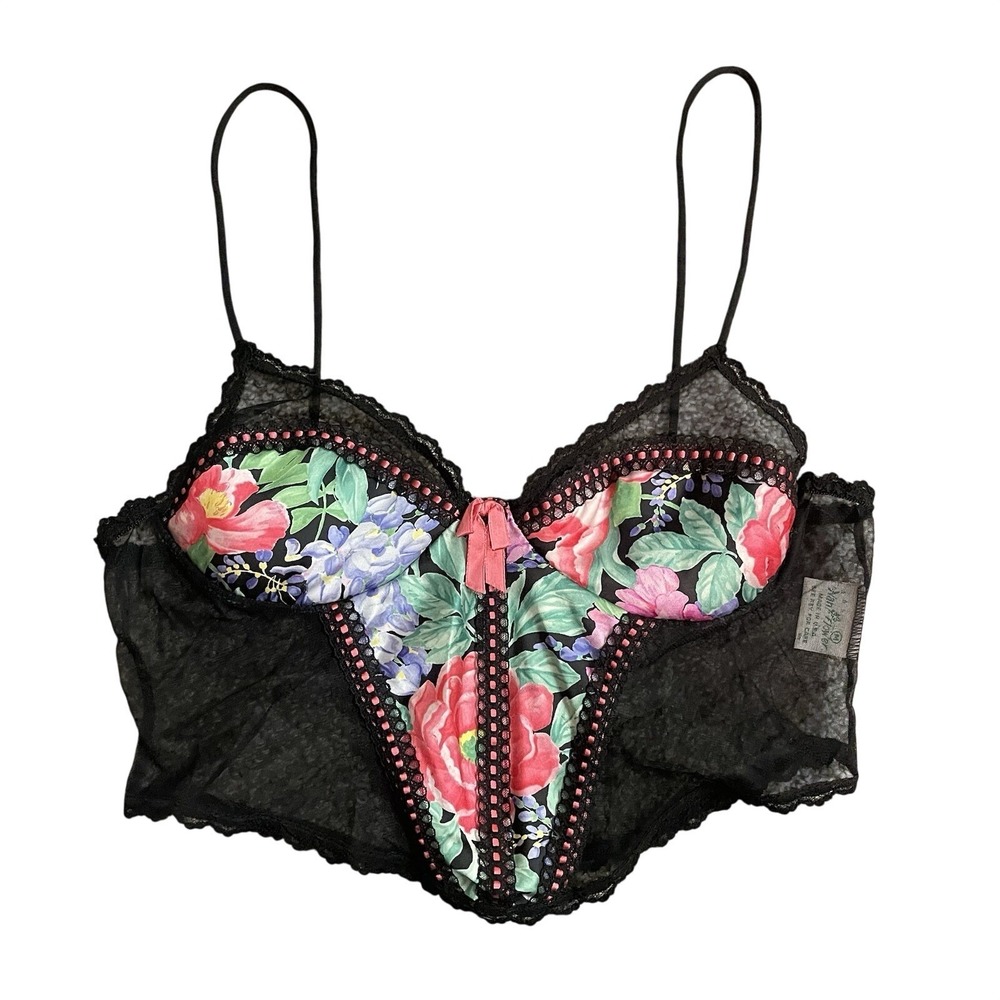 Vtg Nani Flower Lingerie Sz Med Black Satin Sheer‎ Floral Lace Bustier Top BRATZ